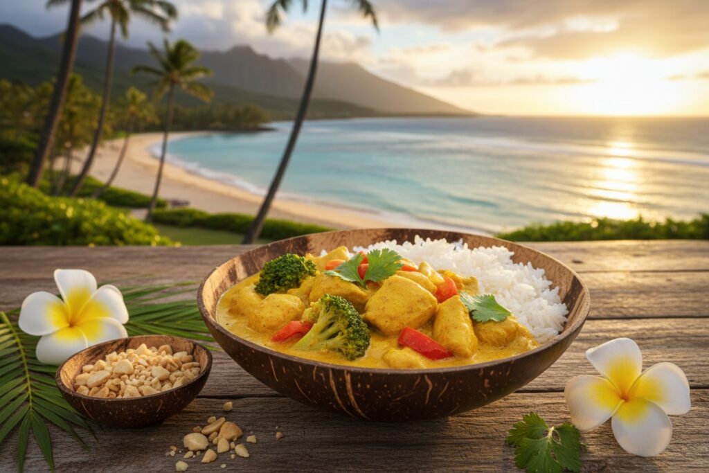 curry de frango e leite de coco